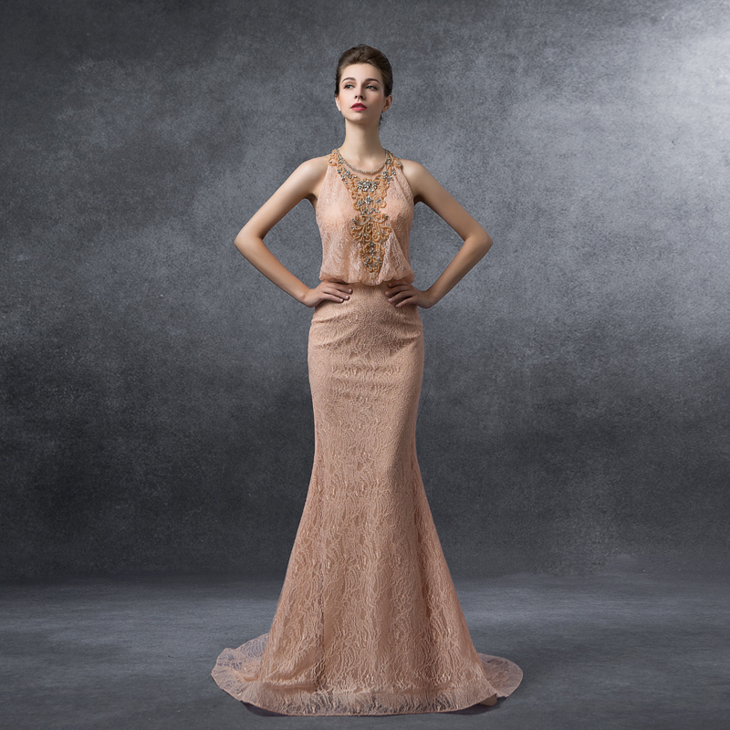 2016秋冬新款经典挂脖收腰鱼尾豆沙色长拖尾晚礼服