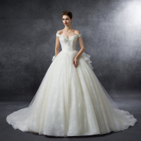 2016秋冬新款一字肩蓬蓬裙网纱大拖尾婚纱