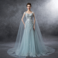 2016秋冬新款双肩A字裙时尚飘纱浅蓝色拖尾晚礼服