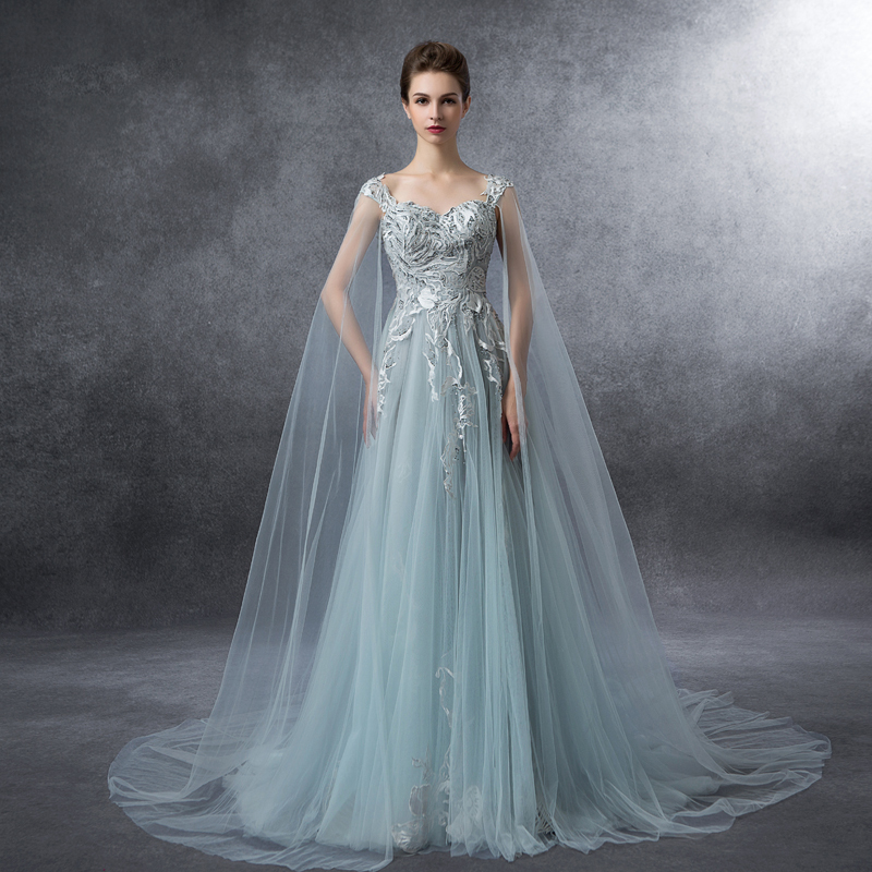 2016秋冬新款双肩A字裙时尚飘纱浅蓝色拖尾晚礼服