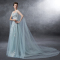 2016秋冬新款双肩A字裙时尚飘纱浅蓝色拖尾晚礼服