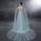 2016秋冬新款双肩A字裙时尚飘纱浅蓝色拖尾晚礼服