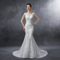 2016秋冬新款经典双肩修身鱼尾透视蕾丝拖尾简约婚纱
