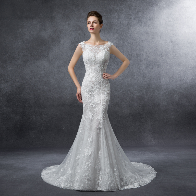 2016秋冬新款经典双肩修身鱼尾透视蕾丝拖尾简约婚纱