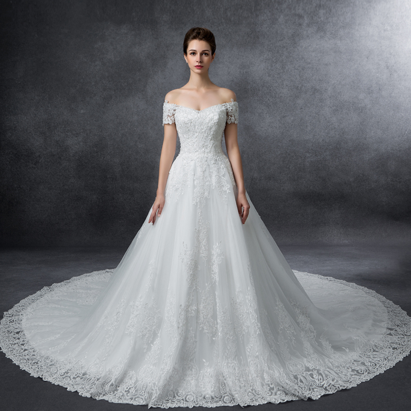 2016秋冬新款优雅一字肩修身A字裙蕾丝拖尾婚纱