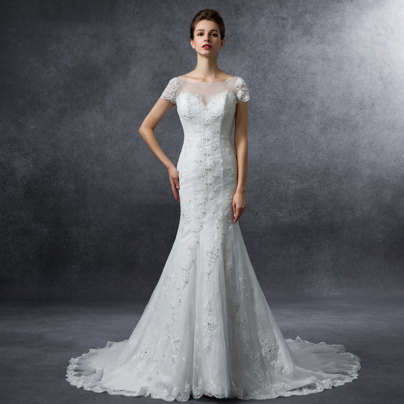 2016秋冬新款优雅双肩修身鱼尾白色简约拖尾婚纱