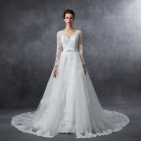 2016秋冬新款V领双肩修身A字裙露背简约拖尾婚纱