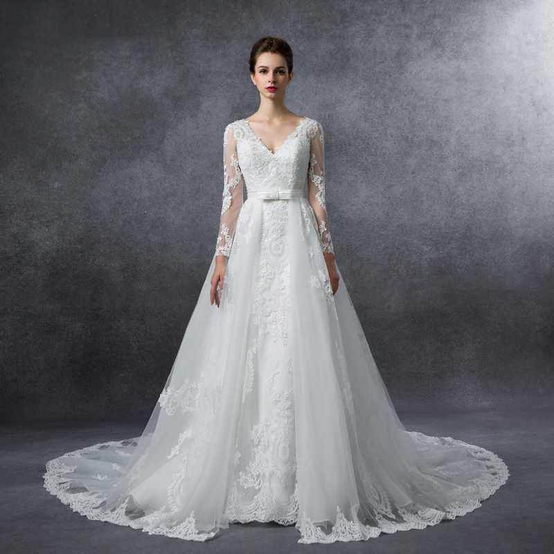 2016秋冬新款V领双肩修身A字裙露背简约拖尾婚纱