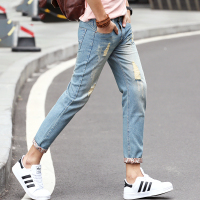 阿古斯夏季韩版男装破洞猫须牛仔九分裤修身弹力小脚时尚潮男士牛仔裤子