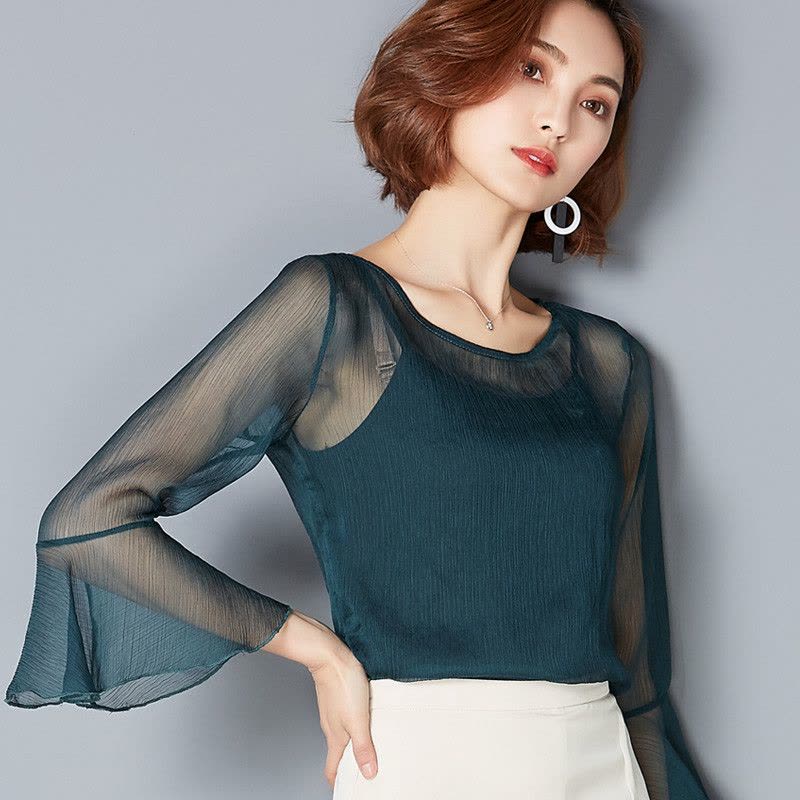 无畏衣衣2018新款女夏秋装韩版修身显瘦两件套女士T恤透视性感打底衫雪纺上衣图片