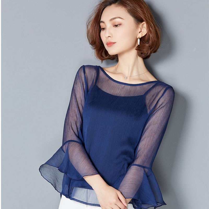无畏衣衣2018新款女夏秋装韩版修身显瘦两件套女士T恤透视性感打底衫雪纺上衣