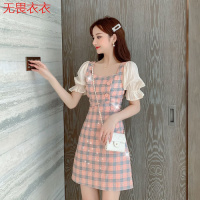 无畏衣衣2020新款女夏季新品喇叭袖格子A字裙子亮片短袖一字领连衣裙