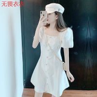 无畏衣衣2020年新款夏天大领口白色赫本风可盐可甜zmzf连衣裙泡泡袖白裙修身显瘦A字裙