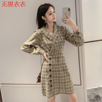 无畏衣衣2020秋季新款POLO领网红风显瘦格子裙子长袖连衣裙女修身显瘦A字裙