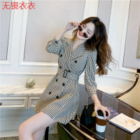 无畏衣衣2020新款女装气质双排扣西装外套冬装女收腰千鸟格泡泡袖连衣裙优质A字裙