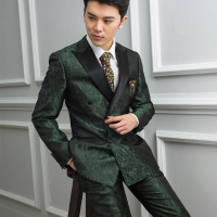 2016新款结婚西装男士戗驳领修身墨绿色提花三粒双排扣西服男套装新郎伴郎礼服定制