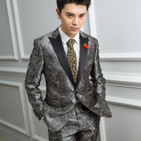 2016新款结婚西装男士戗驳领修身灰色提花一粒单排扣时尚都市西服男套装新郎伴郎礼服定制