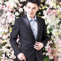 2016新款结婚西装男士戗驳领修身黑色提花一粒单排扣西服男套装新郎伴郎礼服定制