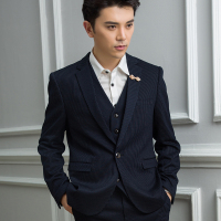2016新款结婚西装男士戗驳领修身藏青色暗条纹一粒单排扣西服男套装新郎伴郎礼服