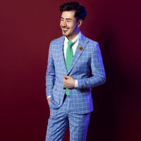 2016新款结婚西装男士平驳领修身蓝色格子装饰两粒单排扣西服男套装新郎伴郎礼服定制