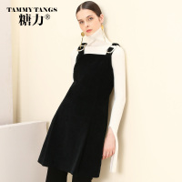 糖力2016冬装新款欧美女装黑色吊带中长款显瘦连衣裙宽松百搭裙子