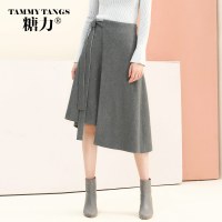 糖力2016冬装新款欧美 女装灰色高腰开叉半身裙显瘦修身百搭裙子