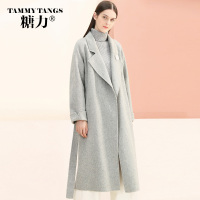 糖力2016冬装新款欧美女装灰色毛呢外套翻领羊毛长袖中长款大衣