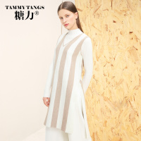 糖力2016冬装新款欧美女装条纹无袖中长款上衣淑女针织开叉预售