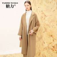 糖力2016冬装新款欧美 女装驼色翻领羊毛外套中长款毛呢大衣预售