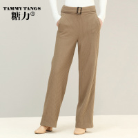 糖力2016冬装新款欧美女装驼色中腰长裤显瘦修身淑女宽松裤子预售