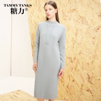 糖力2016冬装新款欧美女装长袖中长款灰色连衣裙显瘦圆领针织裙子