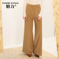 糖力2016冬装新款欧美 女装裸色中腰直筒阔腿裤修身宽松百搭裤子