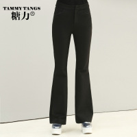 糖力2016冬装新款欧美 女装黑色中腰喇叭长裤修身休闲百搭裤子