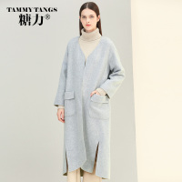 糖力2016冬装新款欧美 女装灰色长袖中长款羊毛大衣淑女毛呢外套