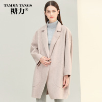 糖力2016冬装新款欧美女装长袖中长款羊毛大衣裸色翻领毛呢外套