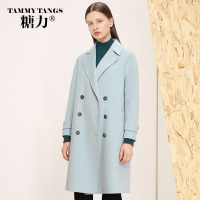 糖力2016冬装新款欧美女装长袖翻领中长款羊毛大衣双排扣毛呢外套
