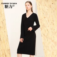 糖力2016冬装新款欧美女装黑色V领长袖连衣裙中长款修身针织裙子