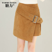 糖力2016冬装新款欧美女装百搭棕色中腰半身裙显瘦不规则修身裙子
