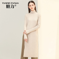 糖力2016冬装新款欧美女装高领长袖杏色开叉连衣裙长款百搭裙子