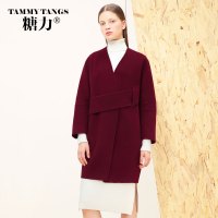 【预售10月30日发】糖力2016冬装新款欧美女装酒红色九分袖中毛呢外套长款羊毛大衣