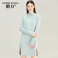 [预售11月1日发]糖力2016冬装新款欧美 女装绿色长袖圆领连衣裙中长款显瘦裙子