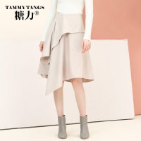糖力2016冬装新款欧美 女装可色中腰半身裙不规则裙摆百搭裙子