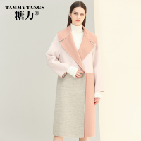 [预售10月31日发]糖力2016冬装新款欧美 女装长袖翻领拼接羊毛大衣长款毛呢外套