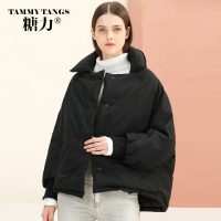 糖力2016新款冬装欧美女装翻领黑色长袖短款羽绒服百搭宽松外套