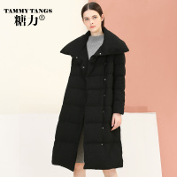 糖力2016新款冬装欧美 女装翻领黑色长袖羽绒服中长款百搭外套