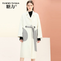 [预售11月2日发]糖力2016新款冬装欧美 女装白色长袖翻领羊毛大衣长款毛呢外套