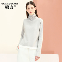 糖力2016新款冬装欧美女装灰色长袖领打底衫修身上衣显瘦针织毛衣