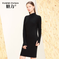 糖力2016新款冬装欧美女装黑色圆领中长款连衣裙长袖百搭修身裙子