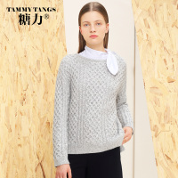 糖力2016新款冬装欧美女装灰色圆领针织长袖毛衣显瘦百搭打底上衣