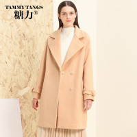 糖力2016冬装新款欧美女装翻领中长款毛呢外套长袖百搭羊毛大衣